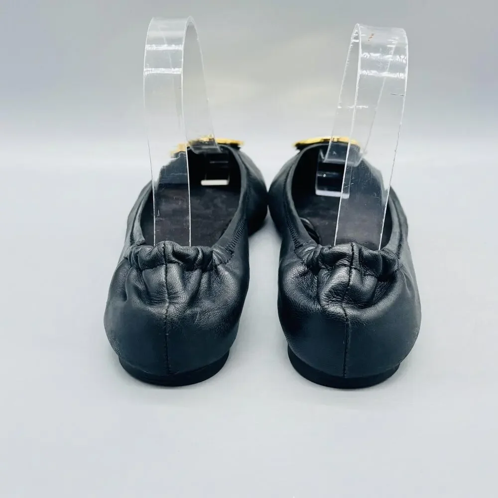 Tory Burch Shoes Womens 6 Black Leather Reva Ballet Flats Gold Logo Slip On